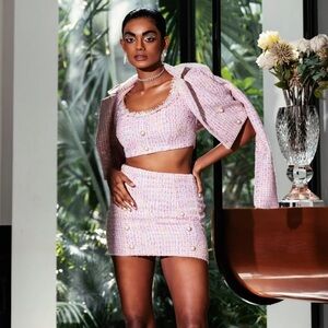 Shein Pink Tweed Three Piece Skirt Suit